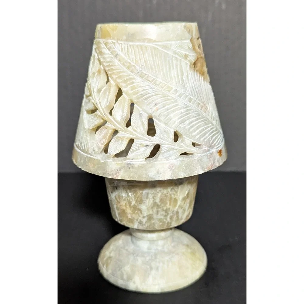Carved Stone Tealight/Votive Candle Holder and Shade Tones‎ of Yellow & Green 6
